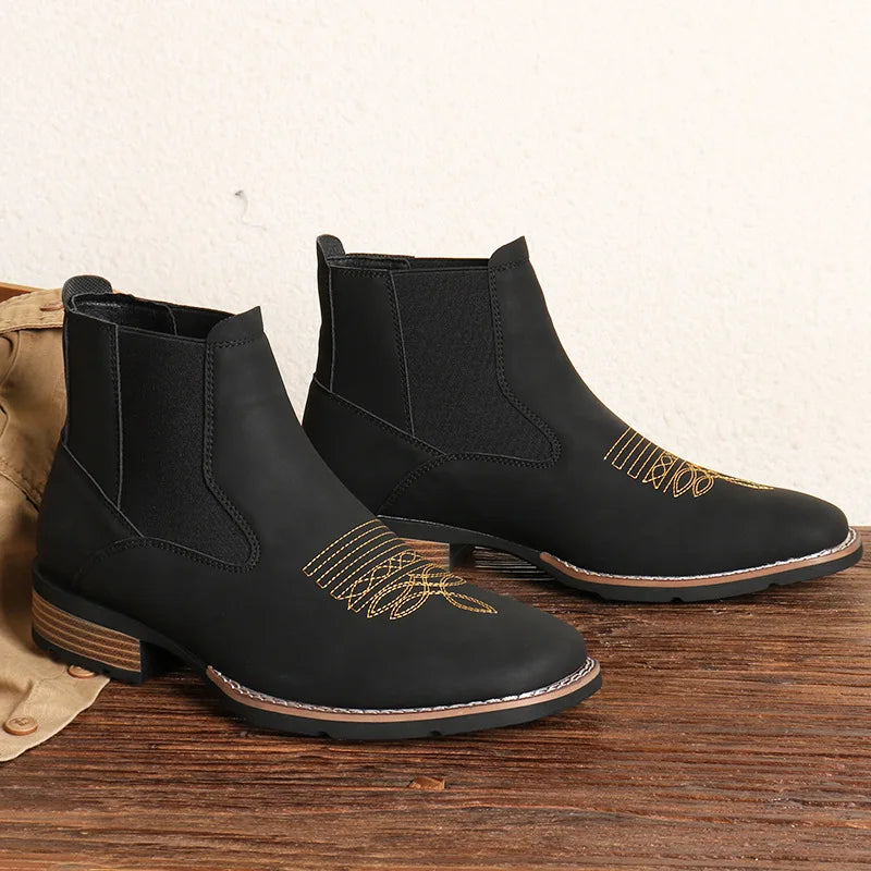 Men's Boots Classic Black Chelsea Boots Luxury Pointed Leather Booties Thick Heel Business Dress Boots for Men Botas Para Hombre