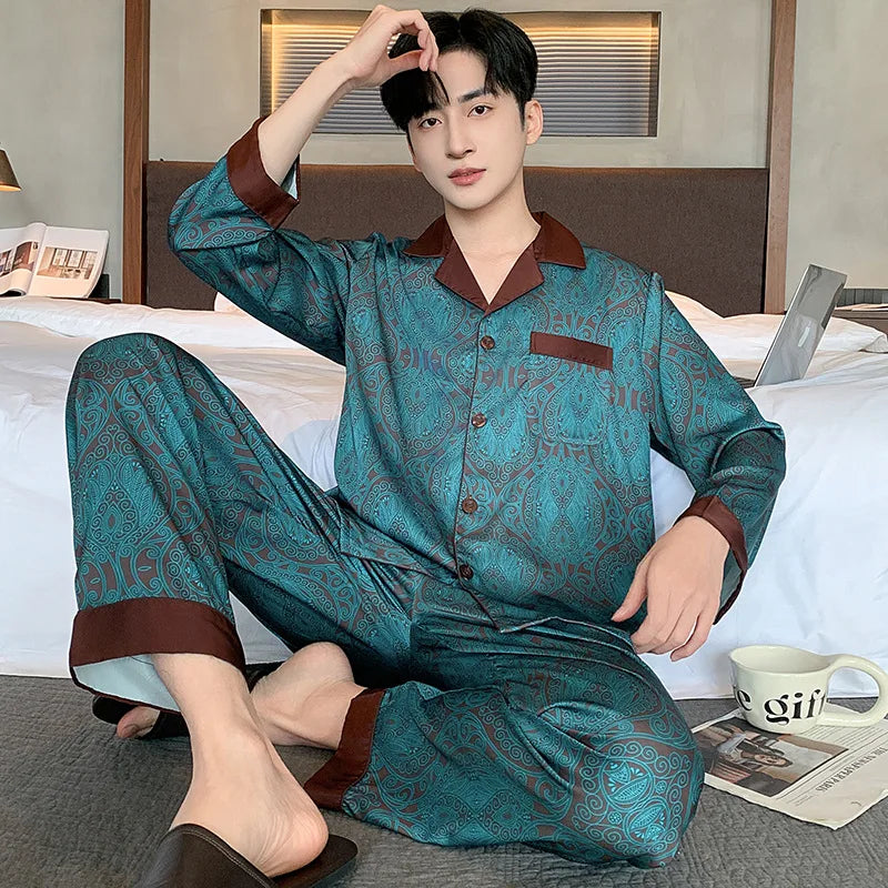 High Quality Men Pajamas Suit Spring Fall Ice Silk High-end Long-sleeved Sleepwear Set Female Ethnic Style Large Size Loungewear