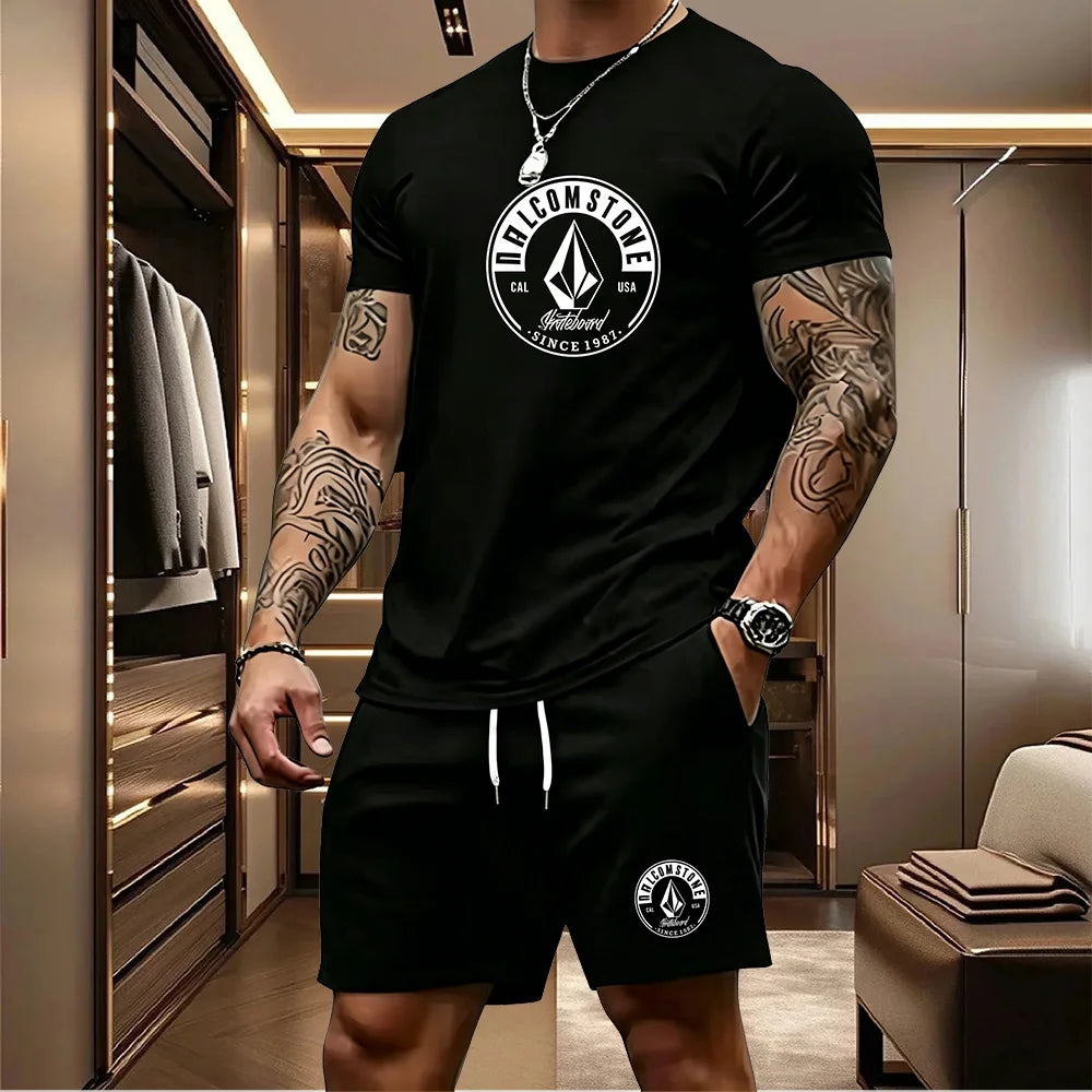 Men's Casual Sportswear 2-piece Set Classic Short Sleeved T-shirt+drawstring Pocket Shorts Street Skateboarding Outdoor Outfit