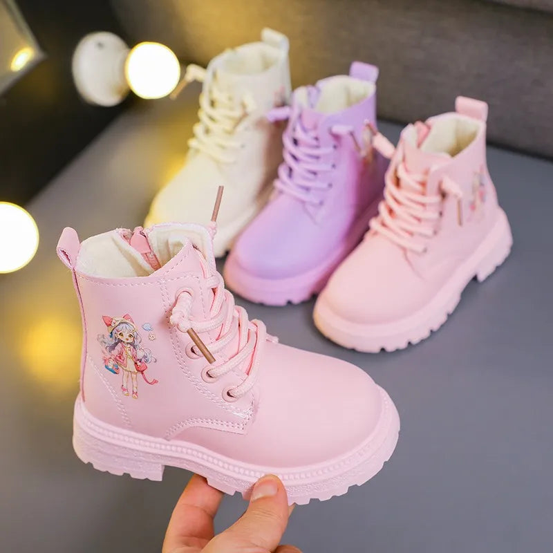 Girls Boots Kids Fashion Rubber Boots Cool Girl Autumn and Winter Cotton Soft Sole Pink with Cartoon Side Zip Princess Round-toe
