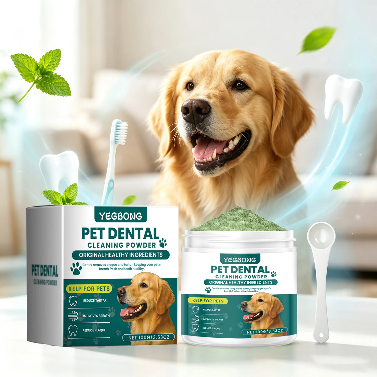 100G Pet Dental Cleaning Powder Natural Formula Cleaning Teeth Stains Prevent Plaque Eliminate Bad Odors Mild Pet Teeth Cleaner