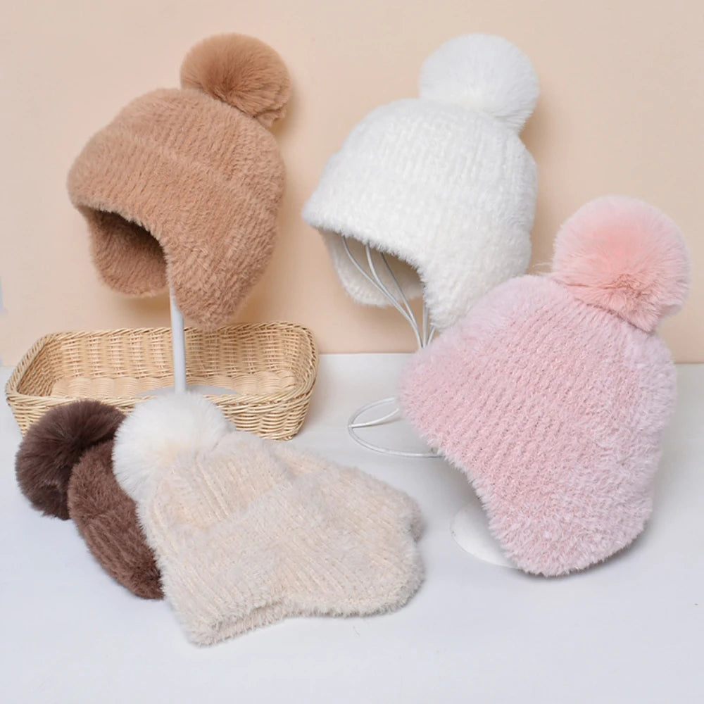 HT4280 Autumn Winter Hats for Women Thick Warm Knitted Hat Ladies Solid Beanies Russian Hats Female Ski Earflap Cap Beanie Hat