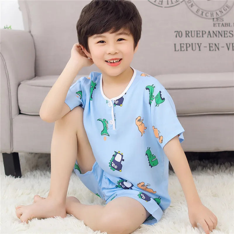 Kids Boys Girls Pajamas New 2023 Summer Thin Cute Cartoon Short Sleeve O-Neck Casual Tops with Shorts Baby Sleeping Clothing Set