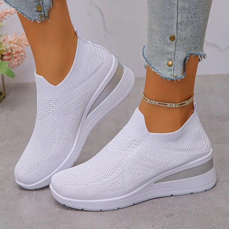 Women's Breathable Mesh Wedge Sneakers Slip-On High Heels Walking Shoes Non-Slip Comfortable for Casual Daily Wear