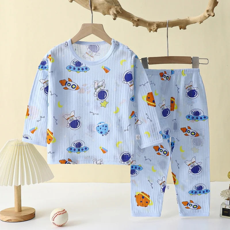 Boys Girls Baby Pajamas 2-Piece Set Kids Summer Breathable Soft Fabric Home Cute New Cartoon Rocket Spacecraft Car Sleepwear Set