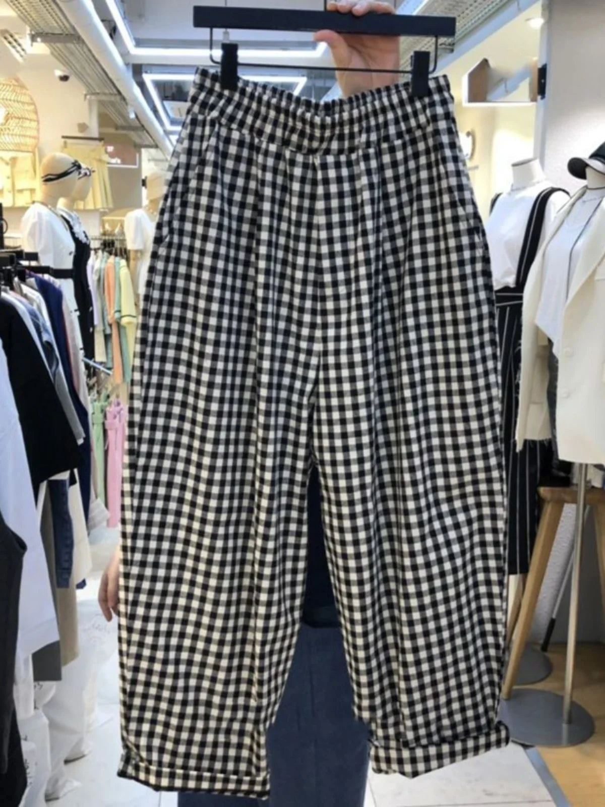 Summer Plaid Wide Leg Casual Pants High Waist Nine Points Faionable Loose Fit plus Size Women's Premium Quali Trousers