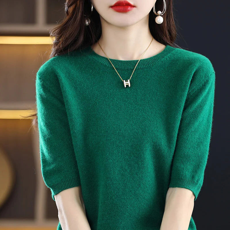 2025 New Spring Summer Women Sweater Short Sleeve O-Neck Pullover 100% Merino Wool Pure Color Knitted Jumper Female Clothing
