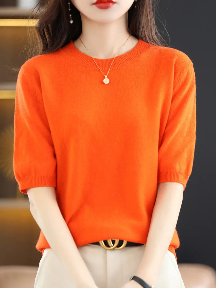 Short Sleeves Women's Sweater O-neck Bottoming Shirts Solid Spring Summer Korean Fashion Sweater Knit Top Casual Basic Pullovers