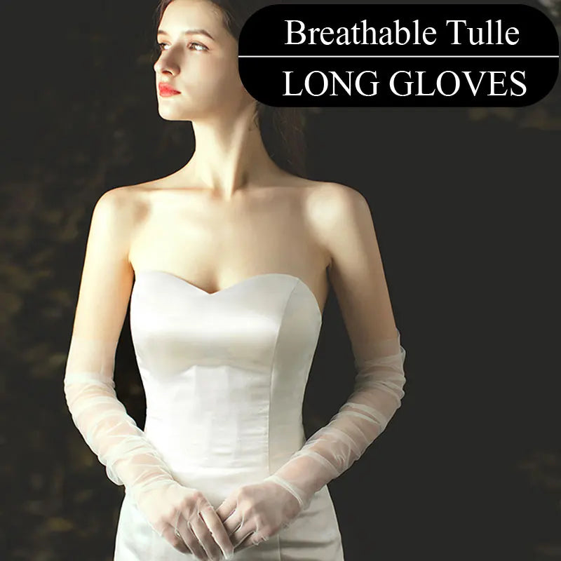 WG002-1 Elegant White / Black Long Gloves Light Breathable Tulle Brides Bridesmaid Wedding Pageant Prom Women Gloves