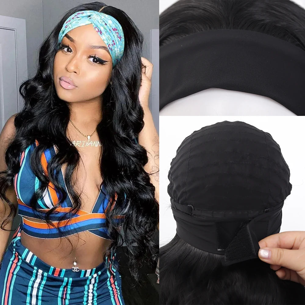 Long Synthetic Wavy Headband Wig for Women Black Wigs with Brown Blonde Highlight 100% Denisty Headband Wigs Glueless Wig Daily