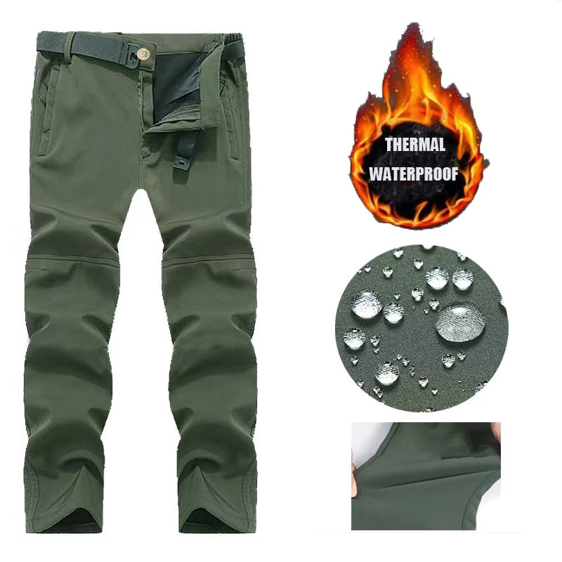 Men Winter Autumn Warm Fleece Pants Waterproof Hiking Camping Climbing Cargo Military Tactical Casual Trousers Softshell Elastic