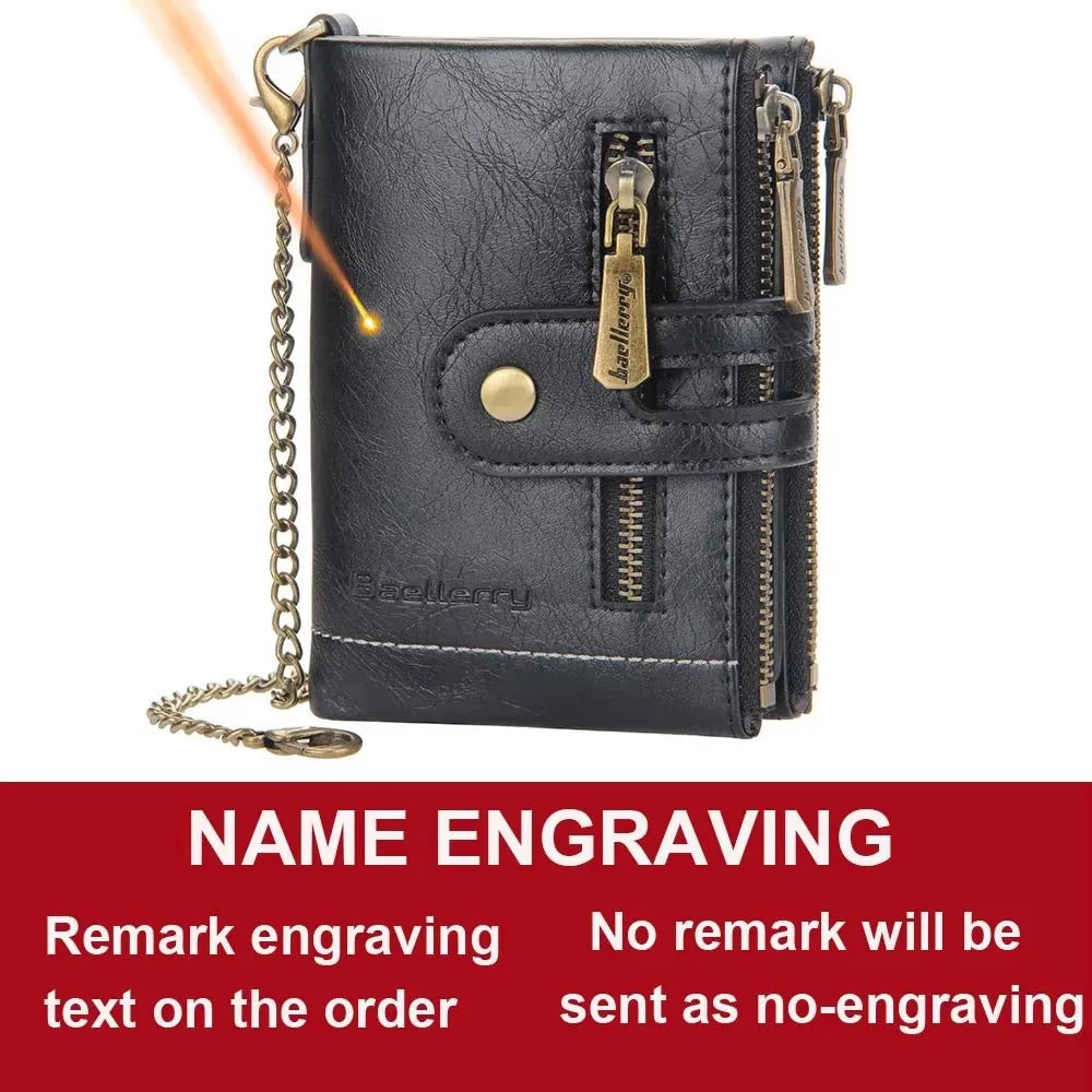 New Men Wallets Name Engraving 11 Card Holders Men Short Purse Double Zipper Coin Pocket High Quality Male Purse Cartera