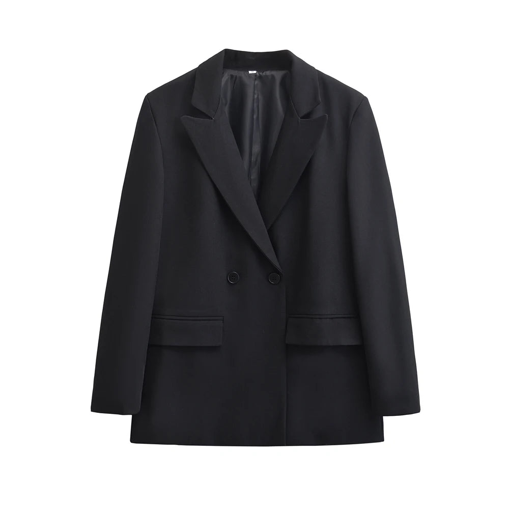 2025 Fashion Simple Loose Double Breasted Blazer Coat Long Sleeve Flap Pockets Female Outerwear Chic Tops Office Outwear