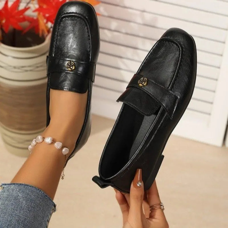 Women's Leather Flat Loafers with Gold-Tone Flower Accessory Round Apron Toe Low Block Heel Comfortable & Office Dress Shoes