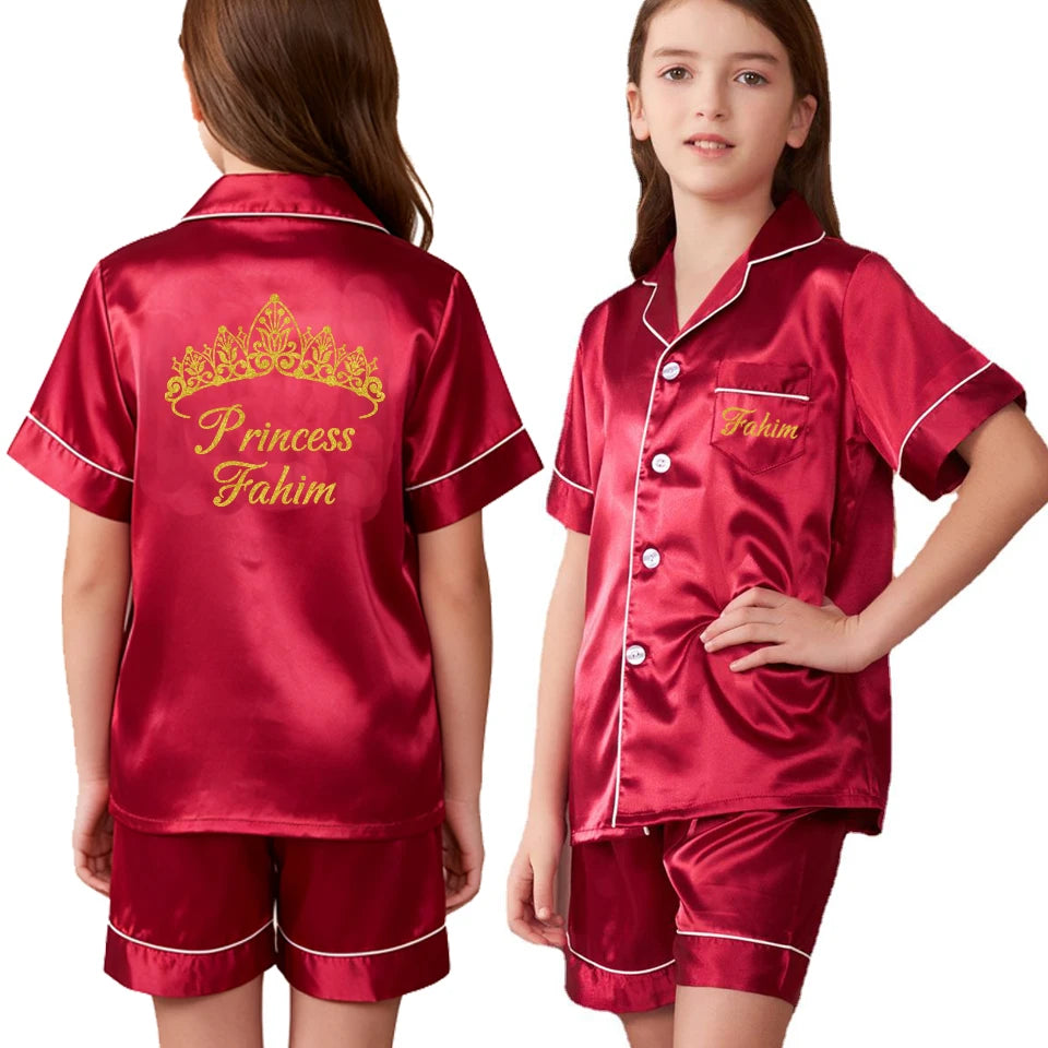 Custom Name and Date Children Pajama Silky Satin Pajamas Flower Girl Personalized Happy Birthday Pajamas Kids Princess Pajamas