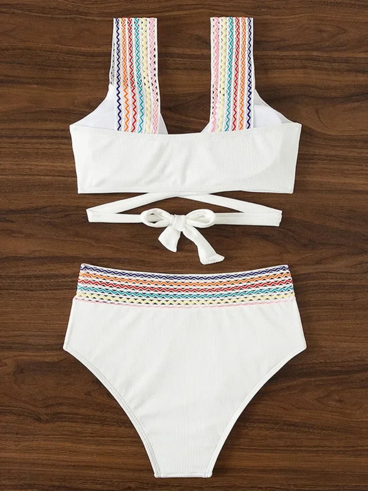 New Sexy Cross Wrap Ribbed Bikinis 2024 Women Swimwear Female Swimsuit Two Piece White High Waist Bikini Set Bather Bathing Suit