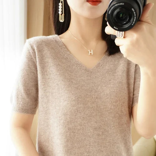 Women Sweater Casual Short Sleeve Pulls 2025 Spring Summer V-neck Knitwears Korean Fashion Shirts Tops Pullovers Soft Jumpers