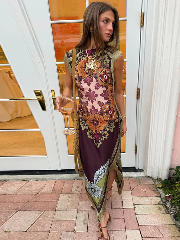Fashion Tassel Patchwork Floral Printed Dresses Elegant Sleeveless Female Irregular Dresses 2026 Summer Lady Beach Party Robes