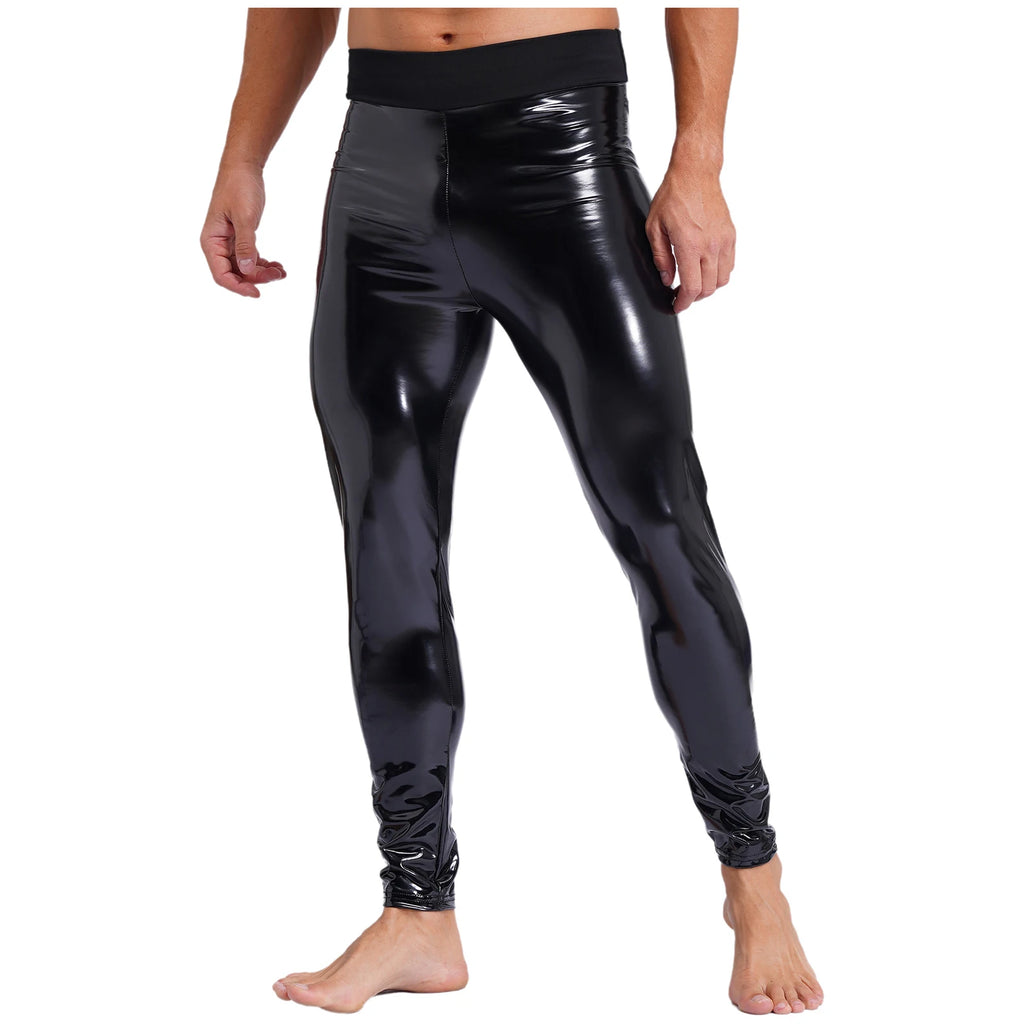 Mens Patent Leather Motor Biker Costumes Skinny Trousers Latex Long Pants Black Stretchy Leggings High Waist Wet Look Clubwear