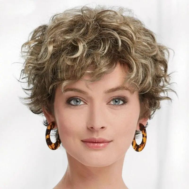 Ladies Wig Natural Short Girl Curly Wavy Hair Wigs Women Full Wig+Wig Cap