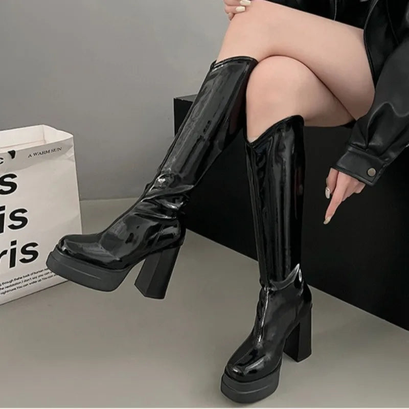 Women's Boots Fashion Comfy Black White Knee-High Boot Soft Leather Chunky Heel Long Boots Elegant Women Retro Boots Botas Mujer