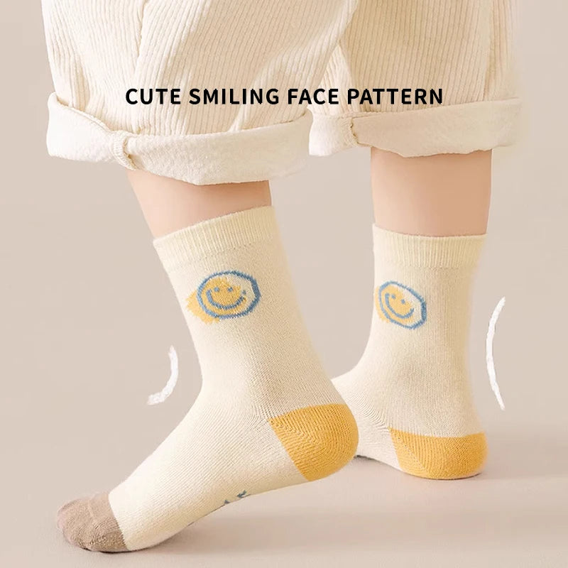 5 Pairs Cotton Solid Kids Boys Half Socks Letter Smiling Pattern  Comfotable Sweat Absorbing Elastic Socks for Children Girls