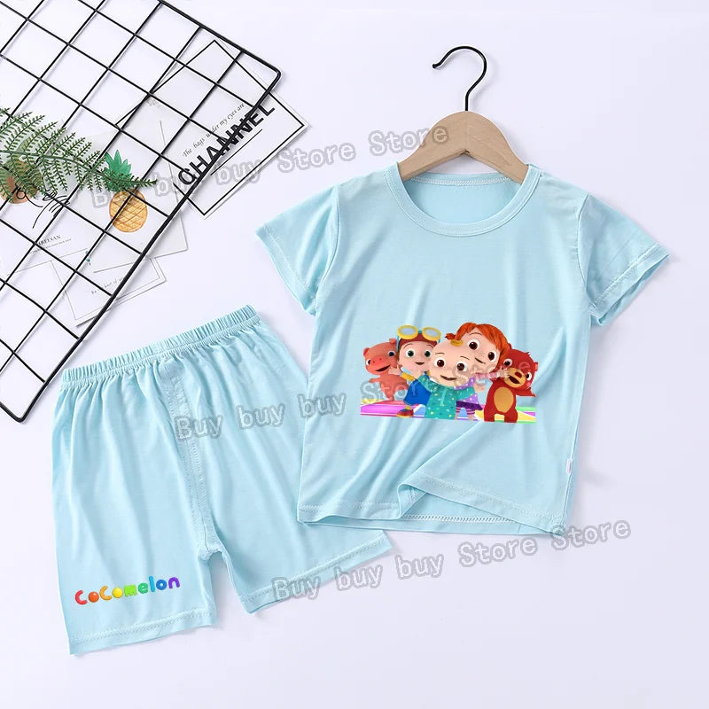 Cocomelons Pajamas Suit Kids Boys Girls Nighty Wears Cool Summer Loungewear Short Sleeve T-shirt Shorts 2pcs Soft Birthday Gift