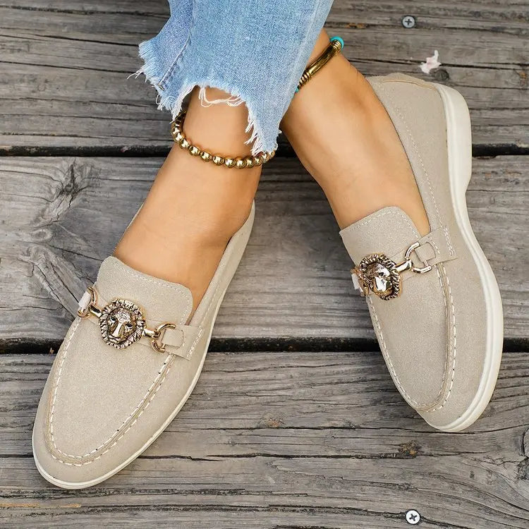 Women Loafers Casual Shoes Suede Flats Lion Head Metal Buckle Slip On Moccasins Ladies Comfortable Walking Driving Shoes New2026