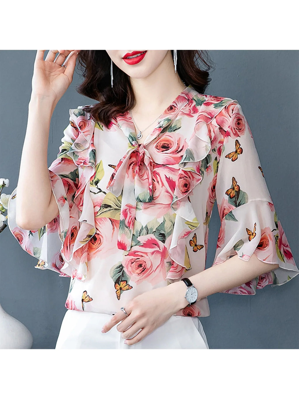 Tops for Women Dressy Casual,Ruffle Sleeve Blouses Floral Shirts,V Neck Summer Fashion Clothes