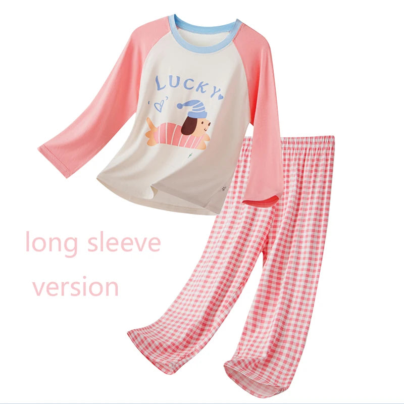 Kids Modal Pajamas Set, Short Sleeve Long Pants Cartoon Loungewear, Breathable Cool Soft Sleepwear For Boys Girls