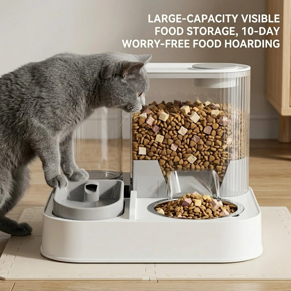 Pet feeder,cat food bowl,2 in 1 feeder waterer,automatic pet fountain,indoor feeding dish