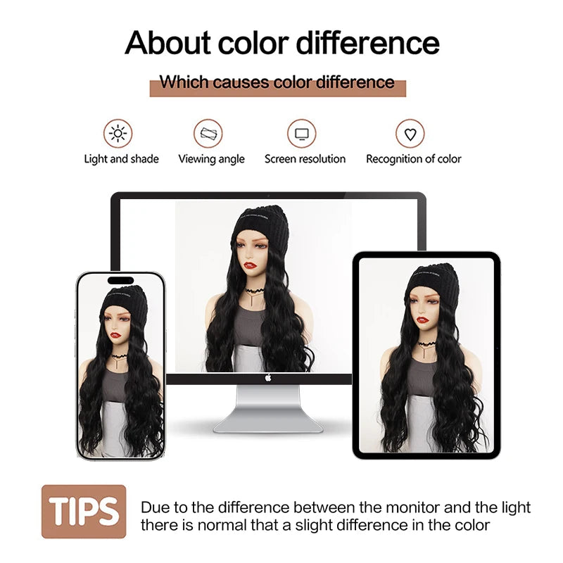Synthetic Hat Wig for Women Girls, 22 Inch Long Wavy Integrated Wig with Black Knit Beanie Hat, Winter Daily Wear Hair Accessory