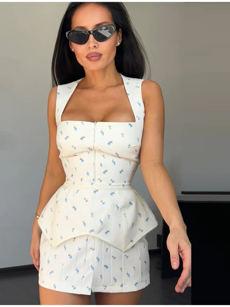 Women Floral Printed Sleeveless Dress Waist Tape Square Collar Elegant Waist-closed Lady Mini Dresses 2026 Summer Female Vestido