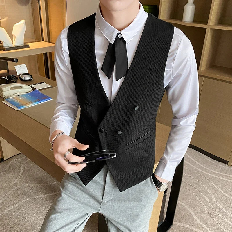 High End V-Neck Solid Mens Vest Jacket Korean Fashion Double Breasted Slim Fit Gilet Homme Brand Business Men Suit Waistcoat 5XL