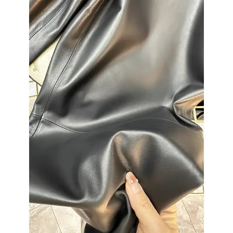Pants For Women Genuine Leather Classic Female Straight Pipeline Suit Taller Trousers Long Legs Casual Streetwear Elastic Waist