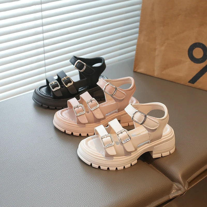 2026 Children Sandals for Girls Summer New Fashionable Double-buckle Comfortable Soft Sole Casual Thick Bottom Kids Beach Shoes