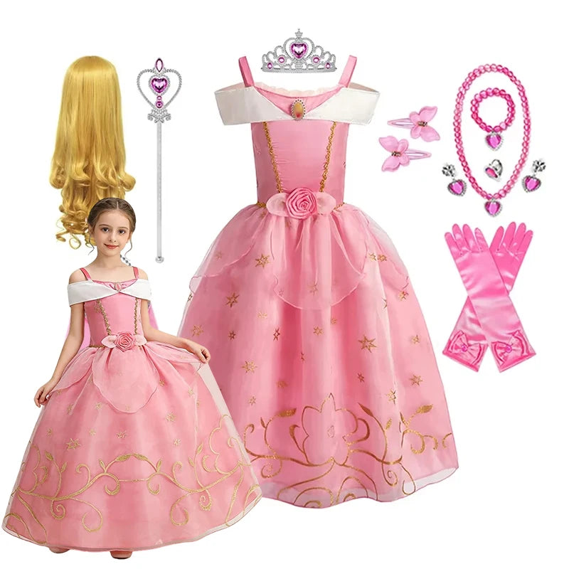 Kids Girls Fairytale Princess Fancy Dress Pink Embroidered Tulle Cosplay Outfit for Halloween Carnival Birthday Daily Wear
