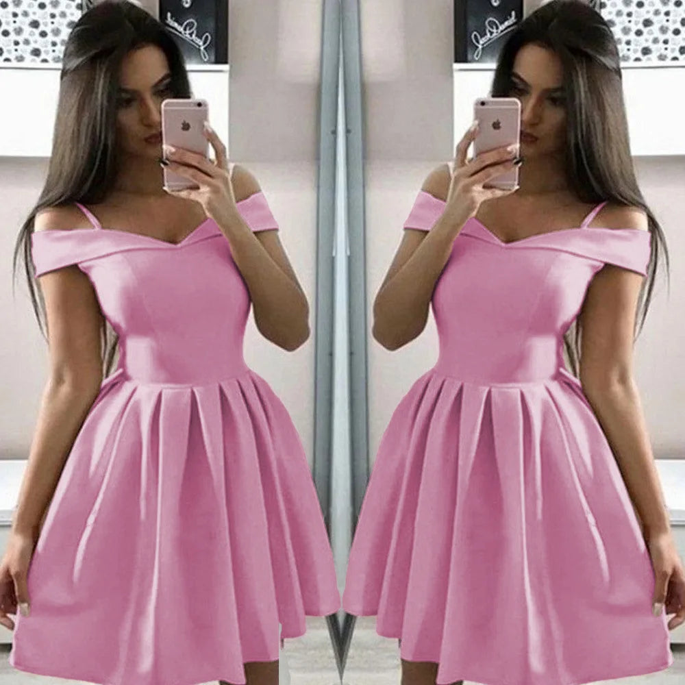 Customized Simple Women's Off The Shoulder Satin Homecoming Dresses Short A Line Cocktail Prom Party Gowns With Pockets