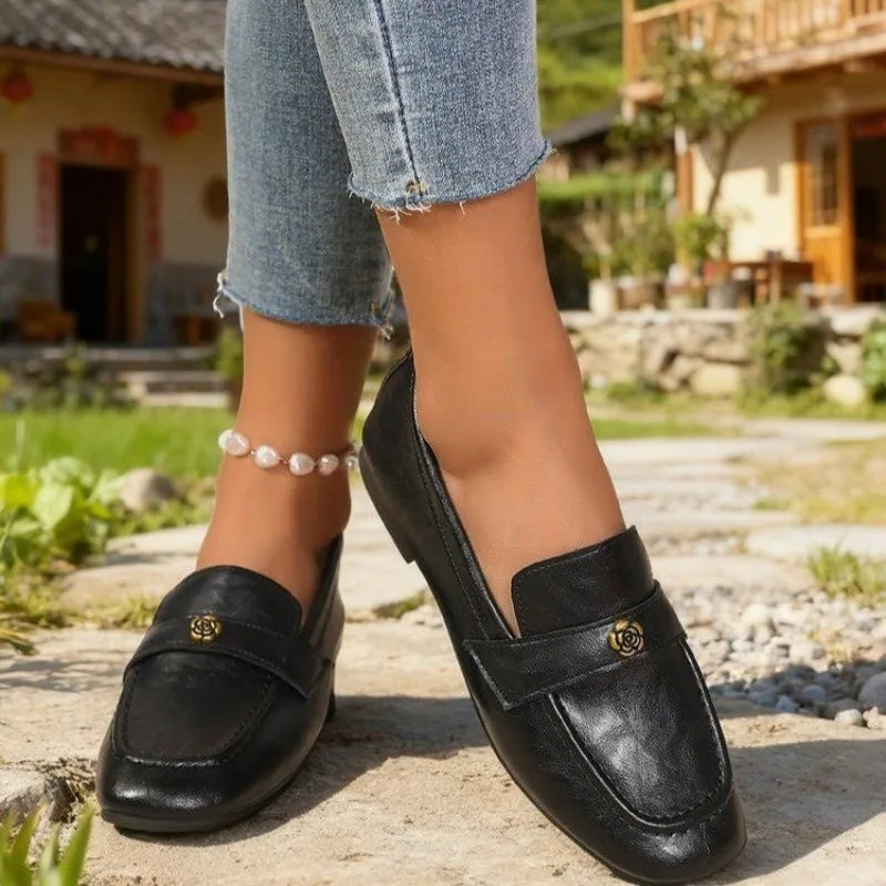 Women's Leather Flat Loafers with Gold-Tone Flower Accessory Round Apron Toe Low Block Heel Comfortable & Office Dress Shoes