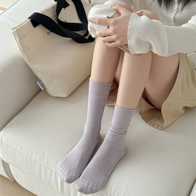 Women Socks Japanese Fashion Cotton Thin Breathable Long Socks Women Korean Style Casual Solid Color Black White Gray Socks Sox