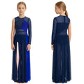 Kids Girls Lyrical Contemporary Dance Dress Patchwork Side Split Mesh Shiny Rhinestones Dresses Competition Performance Costumes