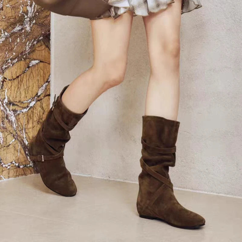Women Flats High Boots Suede New Casual Sport Shoes Mid Calf Pleated Chelsea Fashion Boots Trend Woman Sneakers Walking Botas