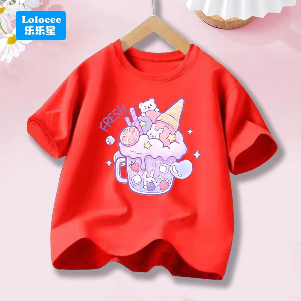 Kids' Short Sleeve Cartoon T - Shirt Fresh Dessert & Animals  Cartoon Print Casual Top Kawaii Summer Clothes  YLXX1