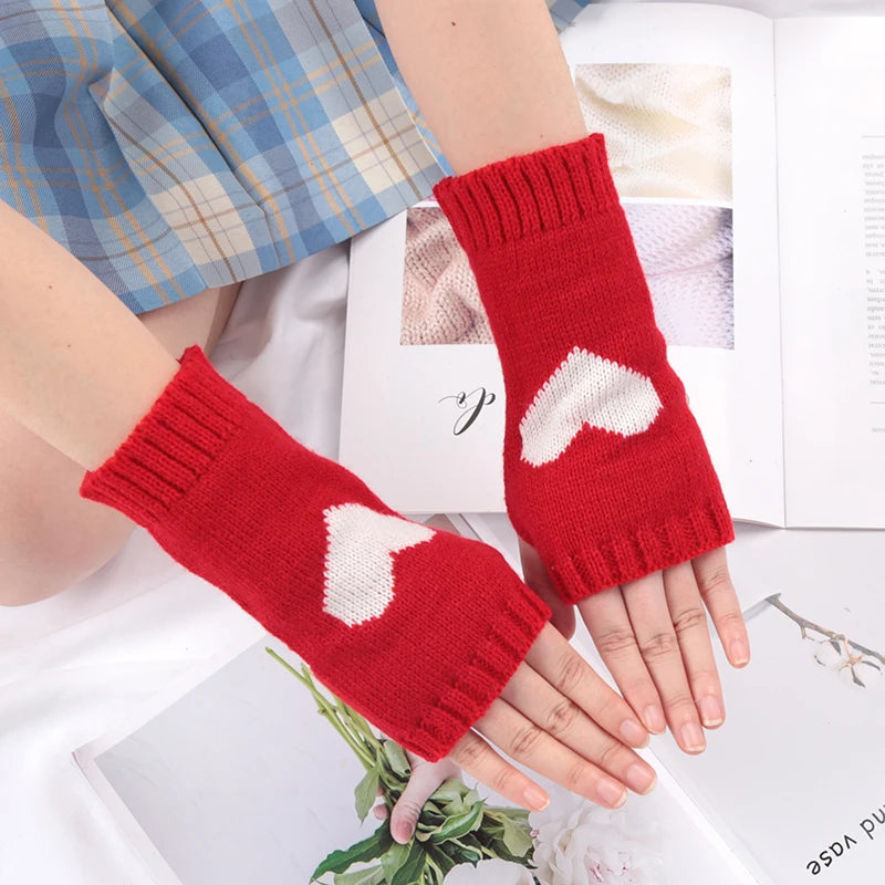 Women Gloves Stylish Hand Warmer Winter Glove Girls Arm Crochet Knitting Goth Lolita Heart Mitten Warm Fingerless Cosplay Gloves