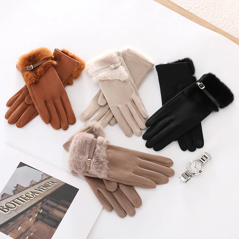 Women's winter gloves with plush lining, warm, windproof, cold-resistant, with plush decoration, touch-screen compatible, suitable for driving and cycling, 1 pair