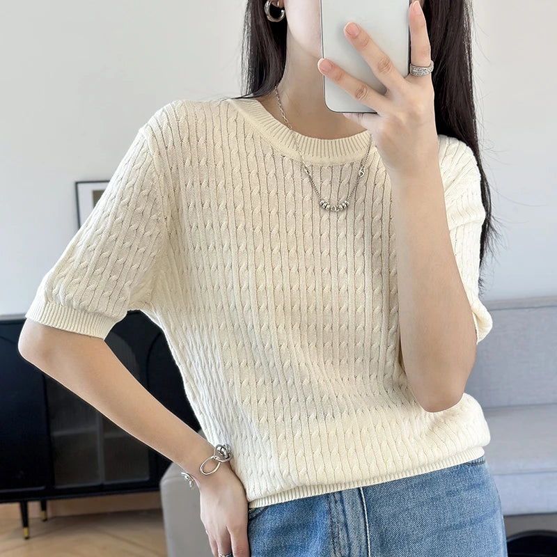WinvyNee Summer Women’s 100% Cotton Sweaters T-Shirt Short Sleeve O neck Solid Knitwears Pullover Female Tops Spring A1002025