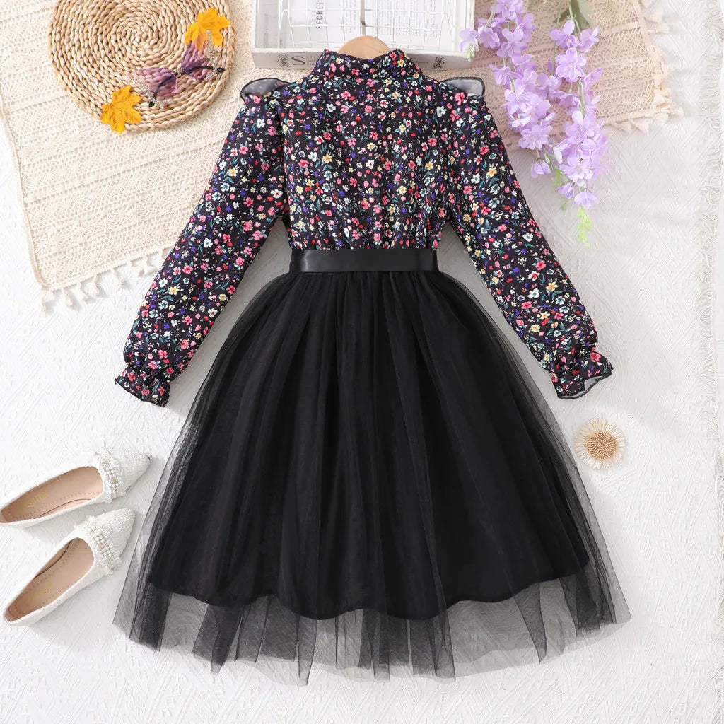 Kids Girl Black Dress Summer Long Sleeve Floral Gauze Belt Children Dress Casual Elegant Teen Princess Dress 7 8 9 10 11 12 Yrs