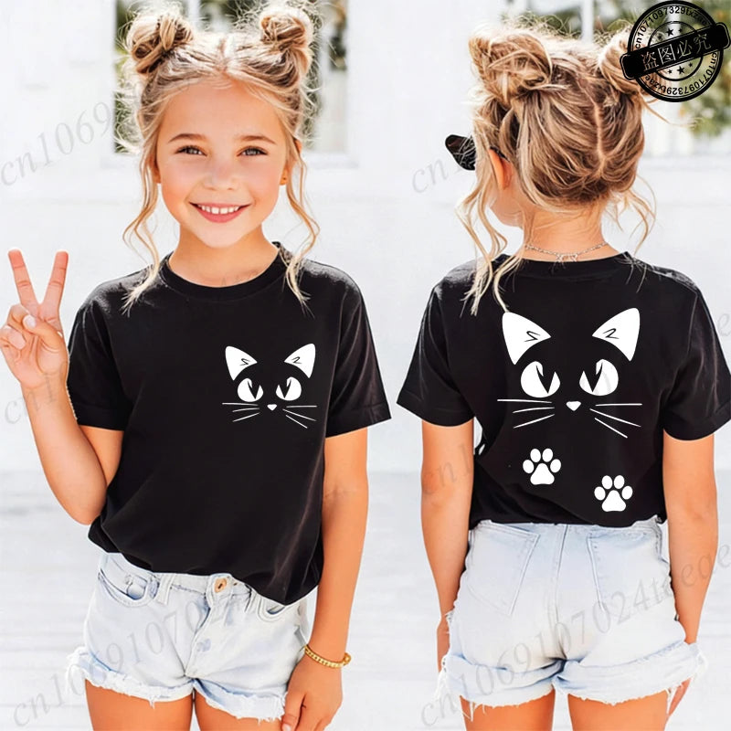 Summer Girls T-shirts Clothes Kid Girls Tshirts Casual Clothes Kwaii Cat Anime Print Cotton T-shirts Anime Children Fashion Tops
