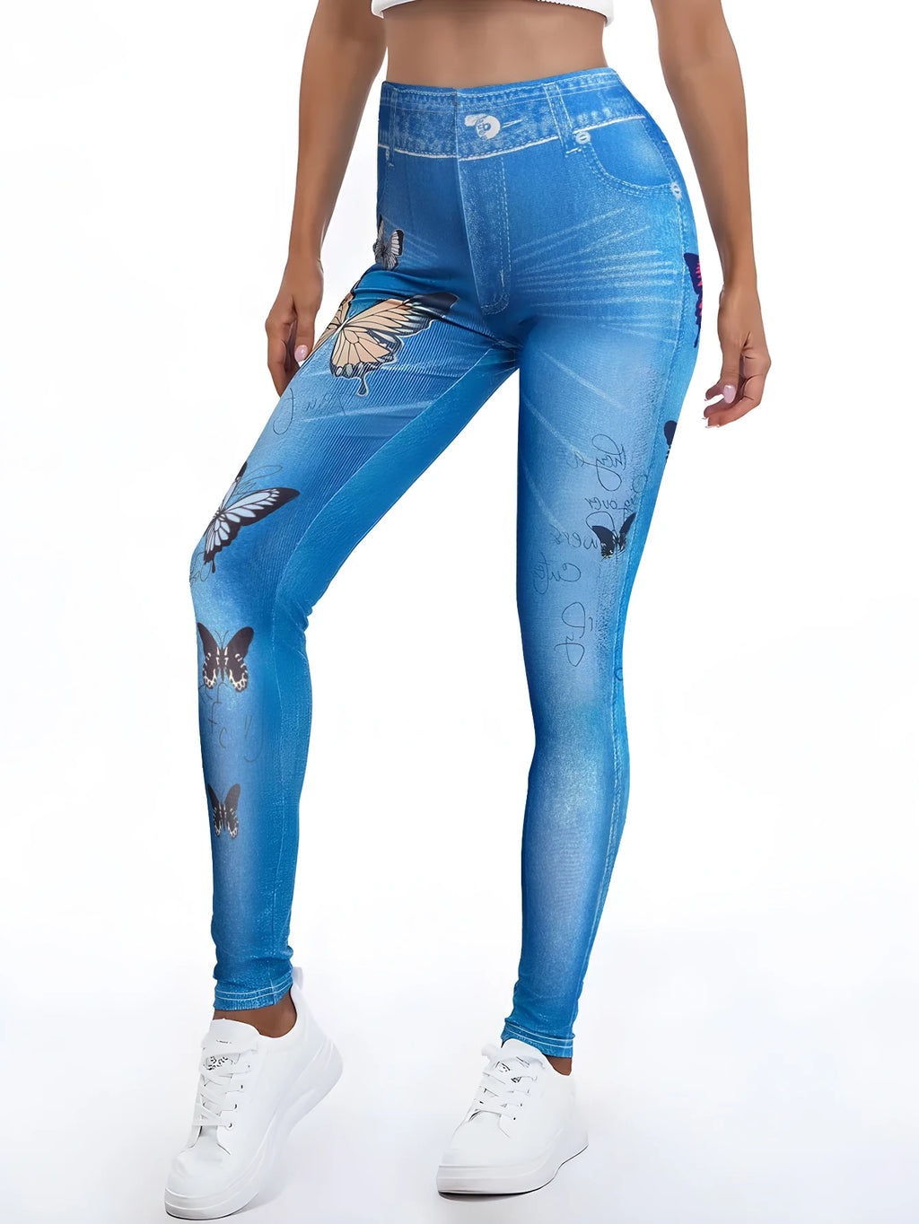 Sports Yoga Leggings Women Butterfly Soft Women Red Butterfly Print Jeggings High Elastic  Fitness Slim Fit Vintage Fake Jeans