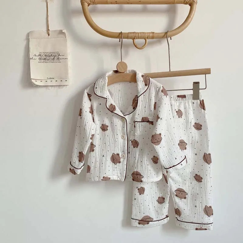2Pcs Autumn New Kids Pajamas Korean Long Sleeve Print Bear Cardigan And Pants Cotton Musline Yarn Sleepwear